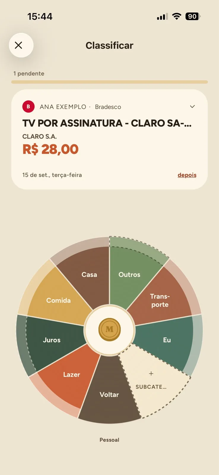 Tela Classificar do app mudda, com a roda de categorias