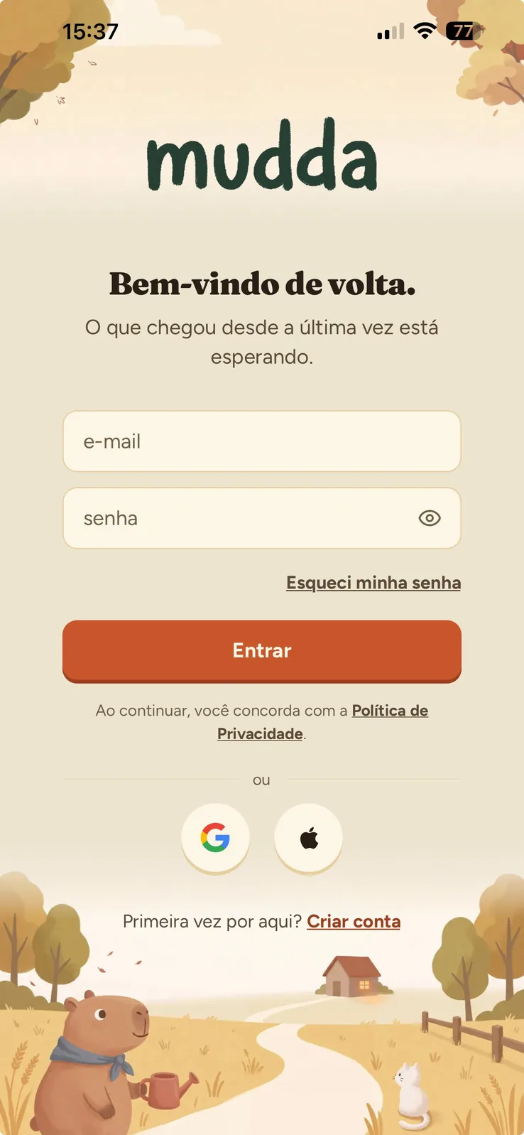 Tela de entrada do app mudda