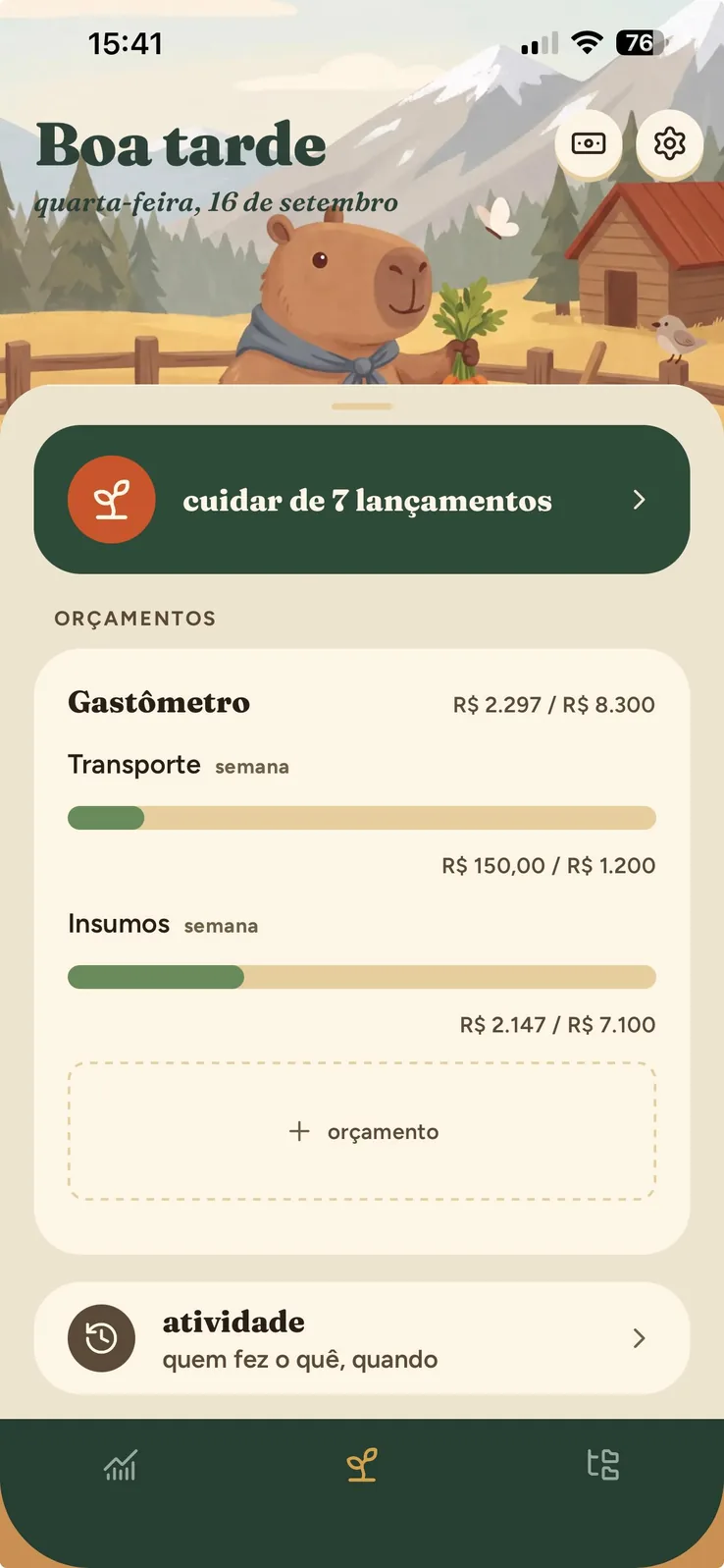 Orçamentos e gastômetro no app mudda